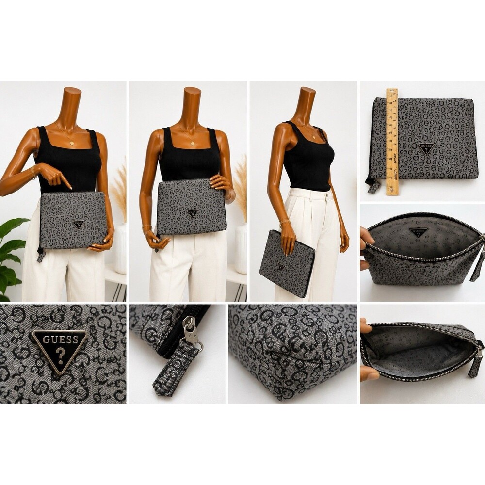GUESS Women's Large Cosmetics Bag/ Gray and Black  Monogram G Logo